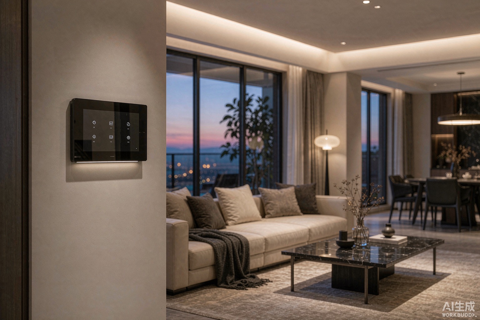 Smart home touch panel in a modern living room